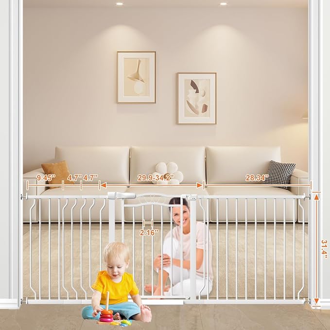 67.3-81.1" Extra Wide Baby Gate for Stairs No Drilling, 30" Tall Auto Close Press Mounted Dog Gates for Doorways, Adjustable Width Walk Through Long Gates for Kids or Pets, White