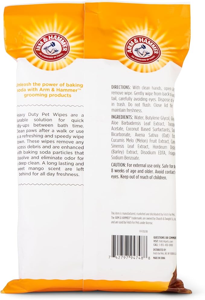 Arm & Hammer for Pets Heavy Duty Multipurpose Bath Wipes for Dogs, Travel Size, Mango Scent All Purpose Dog Wipes Remove Odor & Refresh Skin for Pets Travel Pet Wipes, 30 Count (Pack of 6)