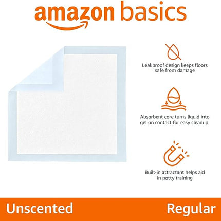 Amazon Basics Dog and Puppy Pee Pads, 5-Layer Leak-Proof Super Absorbent, Quick-Dry Surface, Potty Training, Regular (22x22"), 100 Count, Blue & White