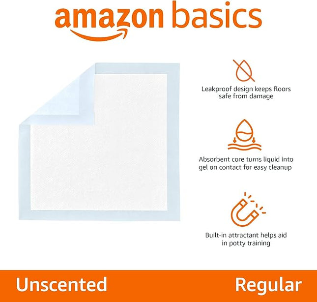 Amazon Basics Dog and Puppy Pee Pads, 5-Layer Leak-Proof Super Absorbent, Quick-Dry Surface, Potty Training, Regular (22x22"), 50 Count, Blue & White