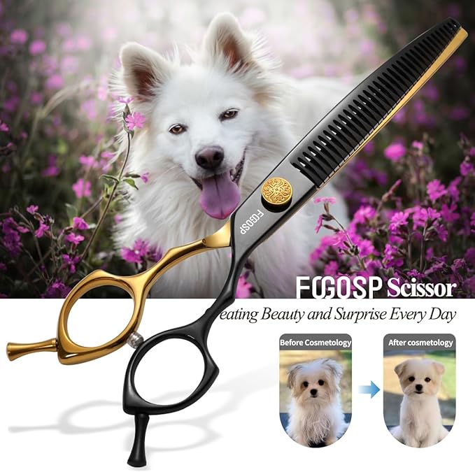 Curved Chunkers Shears Dog Grooming 7.5 in Black & Gold Two Color Professional Curved Thinning Shears for Dog Grooming 35 Teeth Japan 440C 62HRC