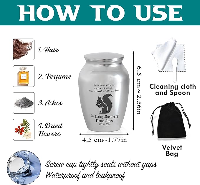 Artsy Woodsy Squirrel Memorial Mini Urn for Human Ashes Keepshake, Decorative Keepsake Urn with Engraved Squirrel 2.56 inch, Small Memorial Gifts for Pet Lovers (01, 2.56x1.77)