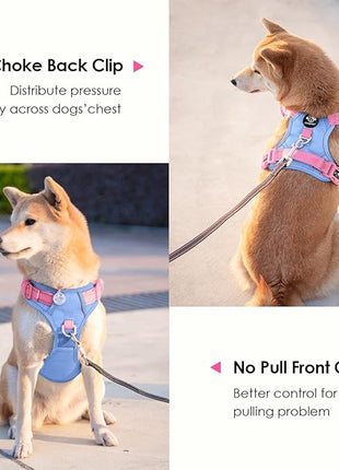 PHOEPET No Pull Dog Harness, Unique Colors Reflective Adjustable Dog Vest, with Soft Training Handle Metal Clips for Small Medium Large Dogs (Baby Blue Base & Pink Straps,S)
