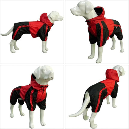 Lovelonglong Alaska Dog Hooded Raincoat, Golden Retriever Rain Jacket Poncho Waterproof Clothes with Hood Breathable 4 Feet Four Legs Rain Coats for Large Huge Dogs Red L-XL+