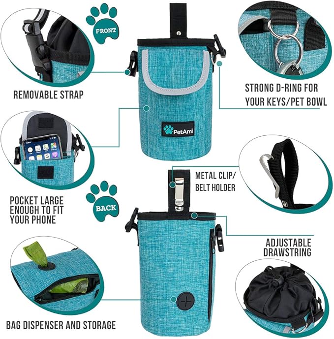 PetAmi Dog Treat Pouch, Large Pet Training Treat Pouch with Pocket, Dog Trainer Essentials Supply Holder with Poop Bag Dispenser, Training Bag for Kibbles Toys, 3 Ways to Wear (Turquoise)