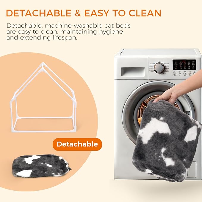 ComSaf Cat Bed House, Cat Cave for Indoor Cats with Fluffy Covered Cat Beds, Washable Cat House Hideaway Hut for Kitten Rabbit, Sturdy Beds & Furniture Gifts, Grey