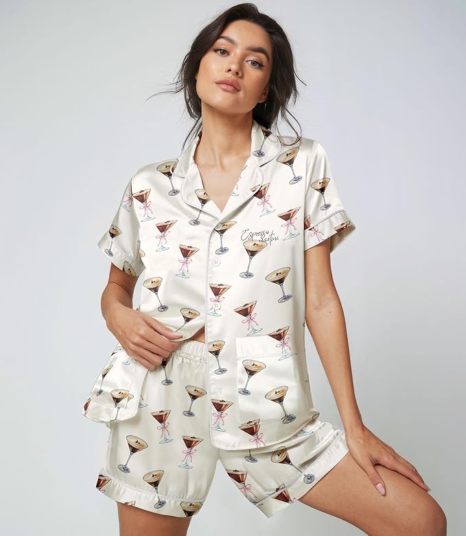 Women’s Silk Satin Pajama Set, Short Sleeve Button Down 2 Piece PJs with Shorts, Cozy Loungewear & Matching Holiday Pajamas