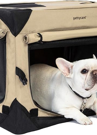 Pettycare 26 Inch Collapsible Dog Crate with Curtains Travel Dog Crate for Airflow and Calm Soft Pet Kennel with Portable Bag and More Chew Proof Mesh Indoor & Outdoor Beige 4 Door Curtains