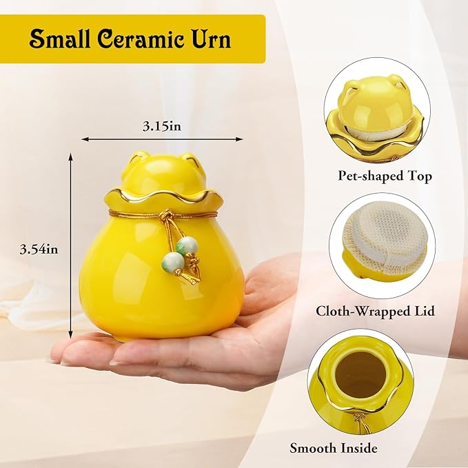 SOITIS Engraving Customized Pet Memorial Urn for Cat or Dog Ashes - 3.54"x3.15" Elegant Ceramic Keepsake Holder with Cat-Shaped Lid & Gold Trim, Small Yellow Urn for Pet Ashes