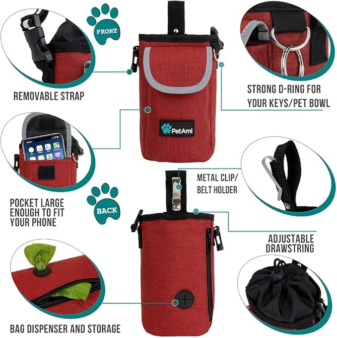 PetAmi Dog Treat Pouch, Large Pet Training Treat Pouch with Pocket, Dog Trainer Essentials Supply Holder with Poop Bag Dispenser, Training Bag for Kibbles Toys, 3 Ways to Wear (Red)