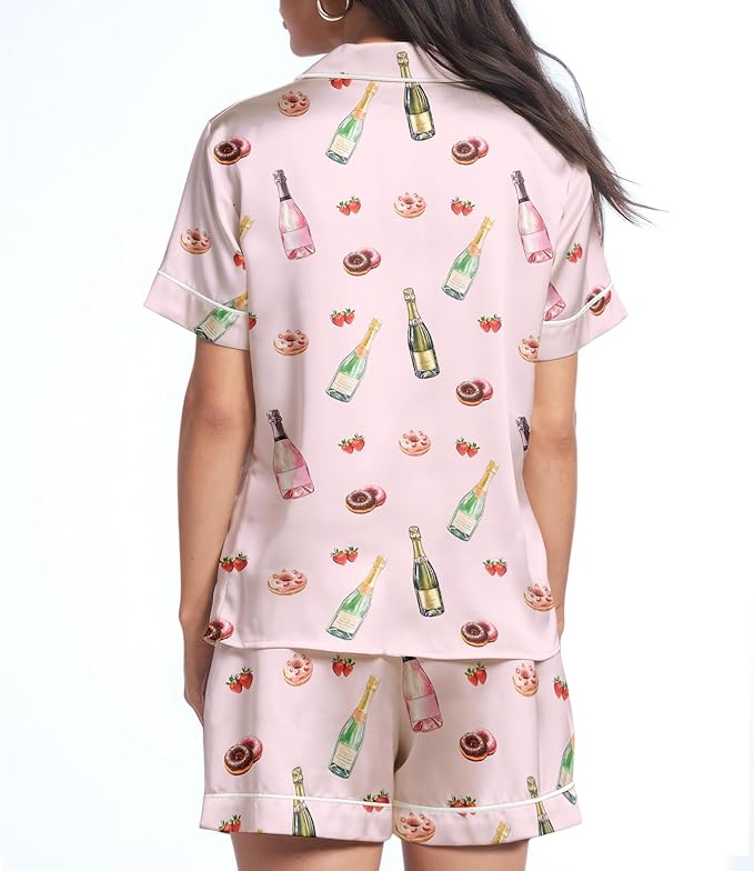 Women’s Silk Satin Pajama Set, Short Sleeve Button Down 2 Piece PJs with Shorts, Cozy Loungewear & Matching Holiday Pajamas