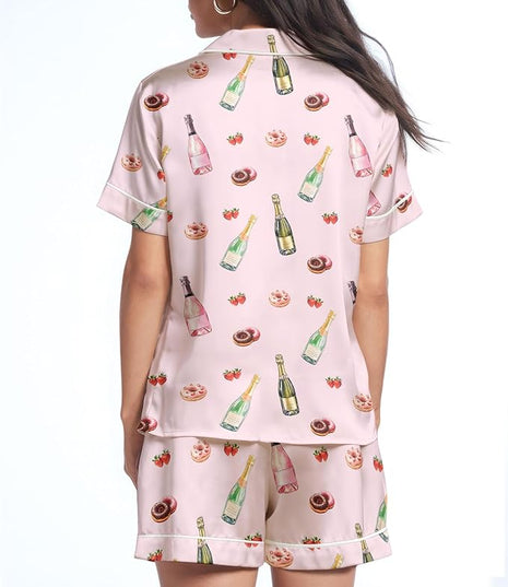 Women’s Silk Satin Pajama Set, Short Sleeve Button Down 2 Piece PJs with Shorts, Cozy Loungewear & Matching Holiday Pajamas