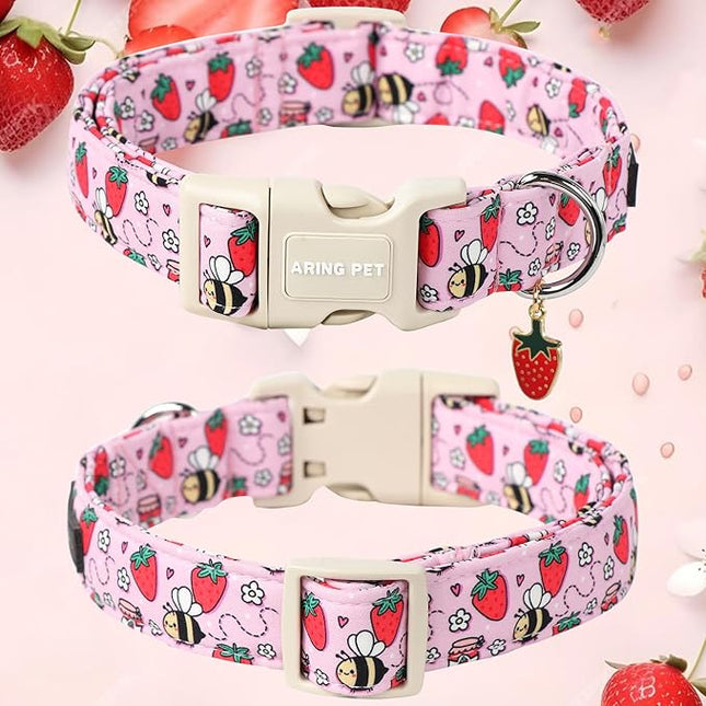ARING PET Summer Dog Collar-Cute Pink Dog Collar for Small Dogs, Adjustable Strawberry Bees Print Pet Collars Puppy Collar for Small Medium Large Dogs