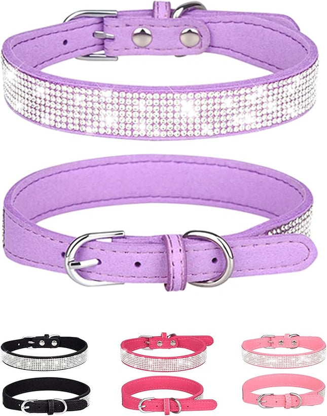 Dog Collar for Small Dogs, Adjustable Leather Suede Bling Dog Collars，Purple Dog Collar Cat Collar, Rhinestone Dog Collar.