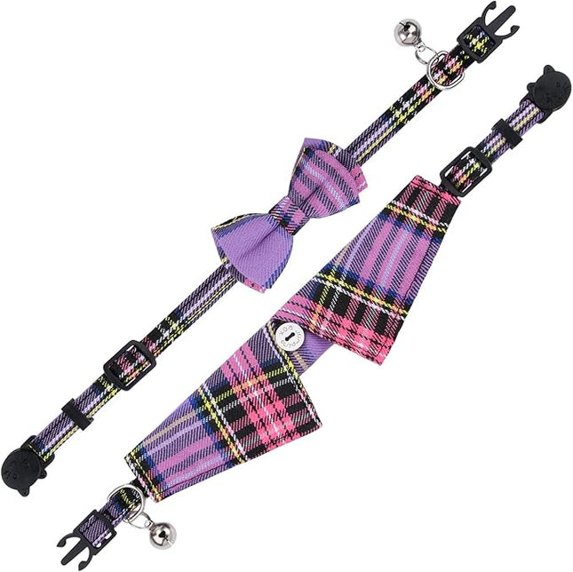 Faleela 2 Pack/Set Cat Collar with Cute Bow Tie and Bell,Breakaway Plaid Shirt Collar for Kitty Adjustable Safety
