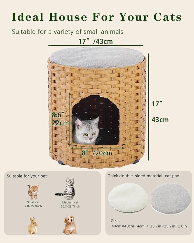Cat House for Indoor Cat, Large Double Cat Houses Cat Bed Cave, Handwoven Rattan Pet Beds with One Soft Pad, 17 x 17 x 17 Inches Foldable Kitten Hideaway in Living Room Natural