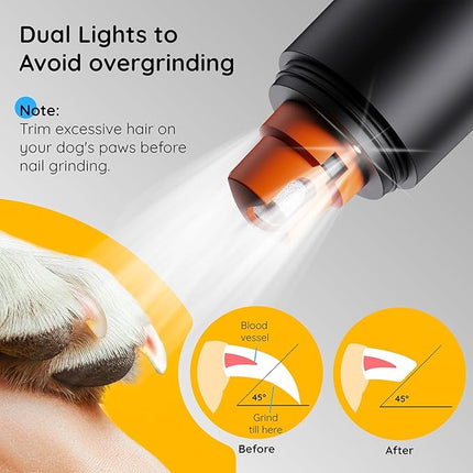 Bonve Pet Nail Grinder for Dogs - Electric Dog Nail Trimmers with 2 LED Lights Super Quiet, Coarse & Fine Grinding Wheels. Rechargeable, 2 Speeds for Small Large Dogs & Cats