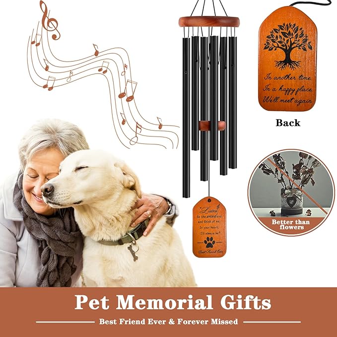 Dog Memorial Wind Chime, 28" Black Tombstone Dog Sympathy Windchime, Dog Memorial Gifts for Loss of Dog, Pet Loss Gifts, Dog Remembrance Passing Away Gift