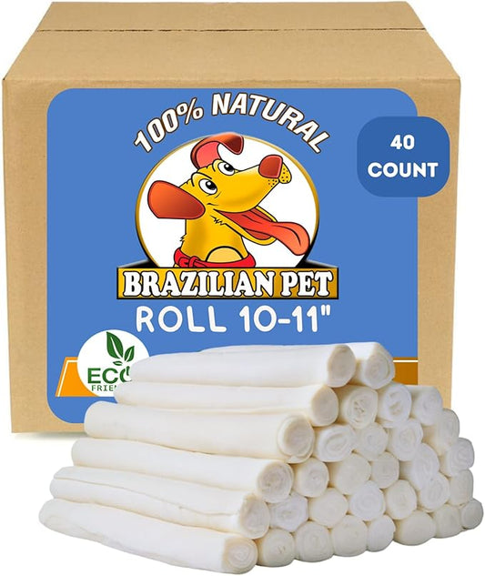 Brazilian Pet All Natural Treats Rawhide Retriever Beefhide Rolls Dog Chews Bones, Single Ingredient - Long Lasting Chew 10-11" (40 Count)