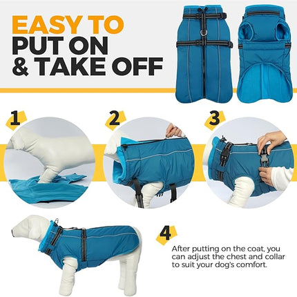 Lelepet Dog Coat for Large Dogs Waterproof Dog Jacket with Harness Built in Reflective Windproof Fleece Jacket with Zip Cold Weather Coats for Dogs,Thermal Outdoor Snowsuit, Weimaraner, Blue, XXL