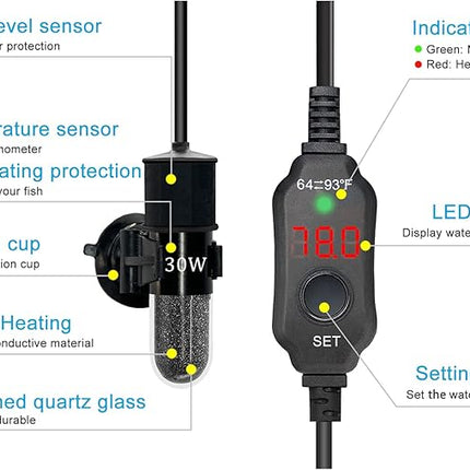 YukiHalu Super Mini Aquarium Heater, 10W 20W 30W Adjustable Fish Tank Heater with External Controller, Overheating Protection, LED Display, Used for 0.5-5 Gallons(10 watts)