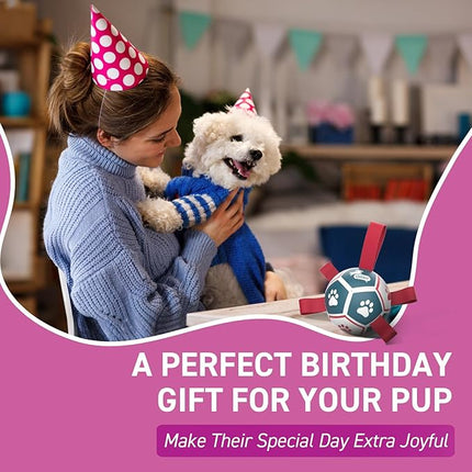 QDAN Small Dog Toys, Outdoor Indoor Toys to Keep Them Busy, Soccer Ball with Straps, Puppy Birthday Gifts, Dog Water Toy, Durable Puppy Balls（5 Inch）