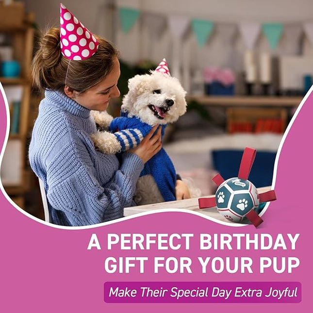 QDAN Small Dog Toys, Outdoor Indoor Toys to Keep Them Busy, Soccer Ball with Straps, Puppy Birthday Gifts, Dog Water Toy, Durable Puppy Balls（5 Inch）