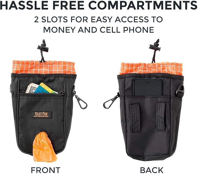 Mighty Paw Dog Treat Bag - Drawstring Closure Pouch - Includes Carabiner Hook and Pick-up Bags - With Reflective Belt - Dog Training Treats Pouch (Black)