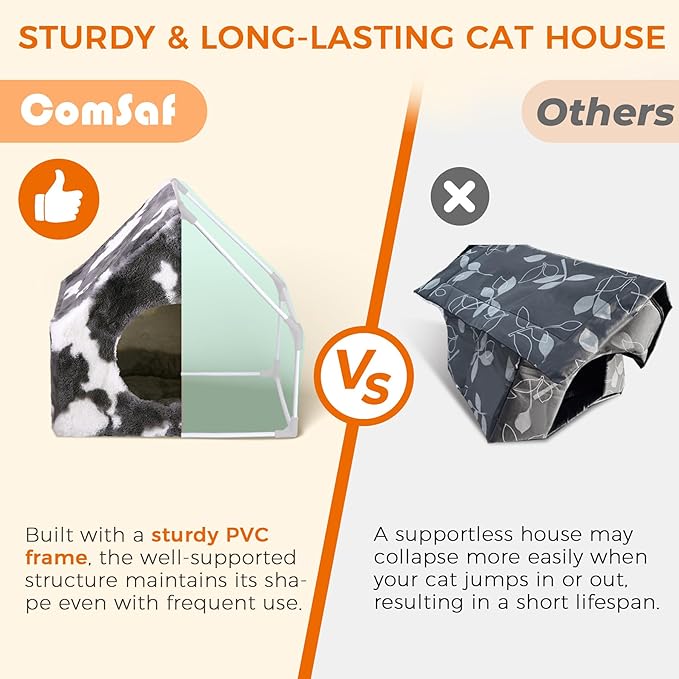 ComSaf Cat Bed House, Cat Cave for Indoor Cats with Fluffy Covered Cat Beds, Washable Cat House Hideaway Hut for Kitten Rabbit, Sturdy Beds & Furniture Gifts, Grey