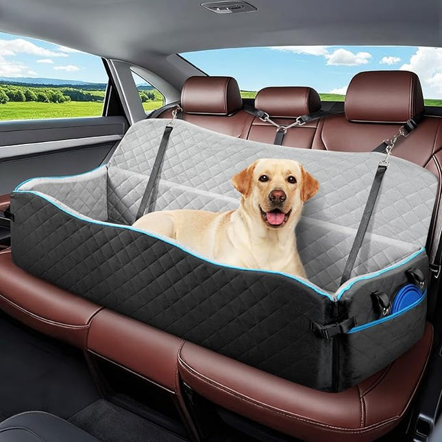 Large Dog Car Seat, Dog Car Bed for Large Dogs Under 120lbs, Pet Booster Seat with Thick Cushion and 2 Safety Leashes, Detachable & Washable Pet Bed for Backseat, Black & Gray