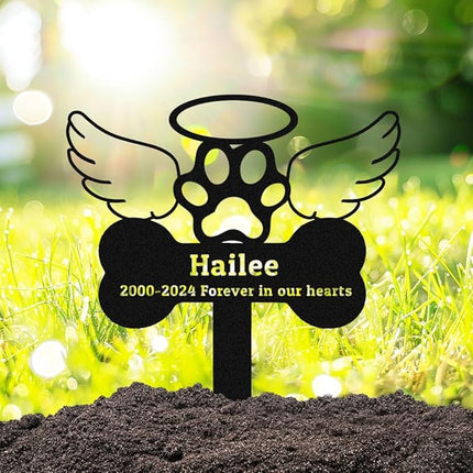 Custom Dog Memorial Grave Marker Garden Stake, Personalized Dog Memorial Stake with Bone Paw Wings Metal Grave Marker Engraved Sign, Customized Pet Dog Memoria Plaque Burial Stake