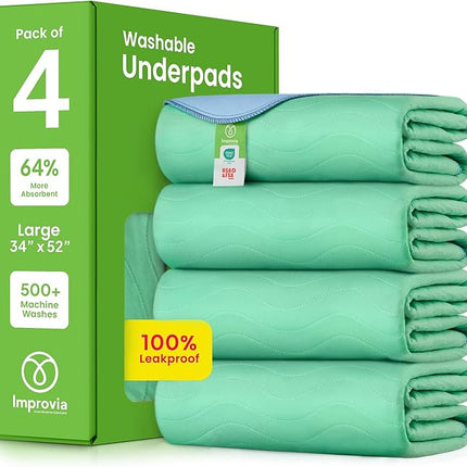 IMPROVIA® Washable Underpads, 34" x 52" (Pack of 4) - Heavy Absorbency Reusable Incontinence Pads for Kids, Adults, Elderly, and Pets - Waterproof Protective Pad for Bed, Couch, Sofa, Furniture, Floor