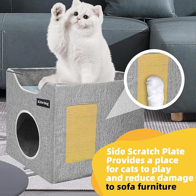 Cat Bed for Indoor Cats, Foldable Cat Hideaway Double Decker Cat House with Scratch Plate, Removable Cat Stuff and Washable Cat Cave for 1-2 Cats, 15.4x15.4x12.8 inches, Grey