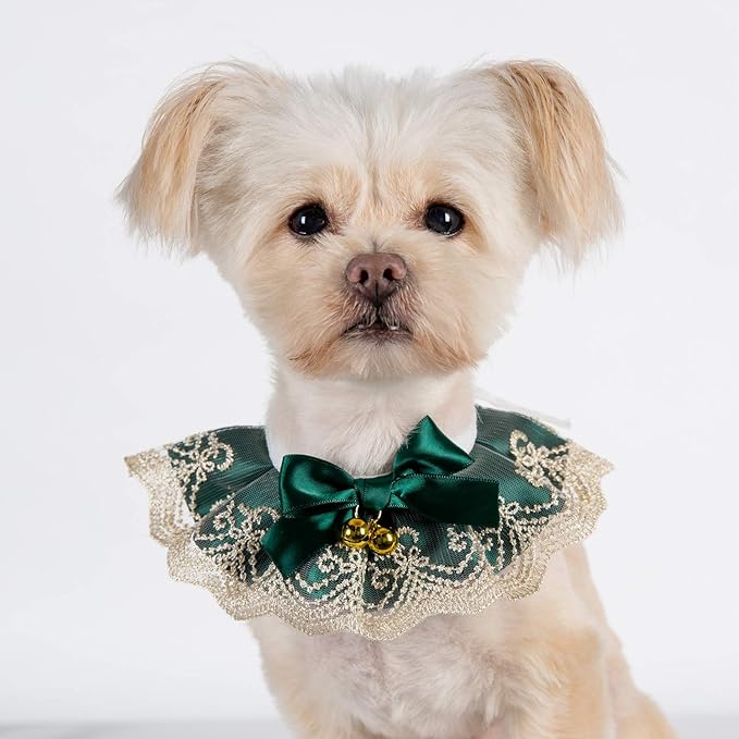 2PCS Dog Cat Collar with Bell Bow Lace Pet Bib Cute Scarfs Necklace Neck Strap for Pet Costume Supplies Dark Green