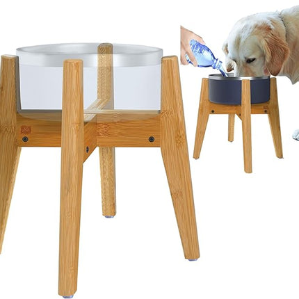 Dog Bowl Stand (14-inch High) - Ideal for Large Breeds, Use to Elevate, Raise Pet Dishes, Water Fountains and Slow Feeders - Adjustable Sideways, Bamboo - (Bowls not Included)