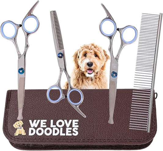 Dog Grooming Scissors Kit with Rounded Blunt Tips - Straight, Curved & Thinning Shears - Best Tools for Goldendoodles, Poodles & Doodles - Professional Grade Steel, 4 Pc Set [We Love Doodles]