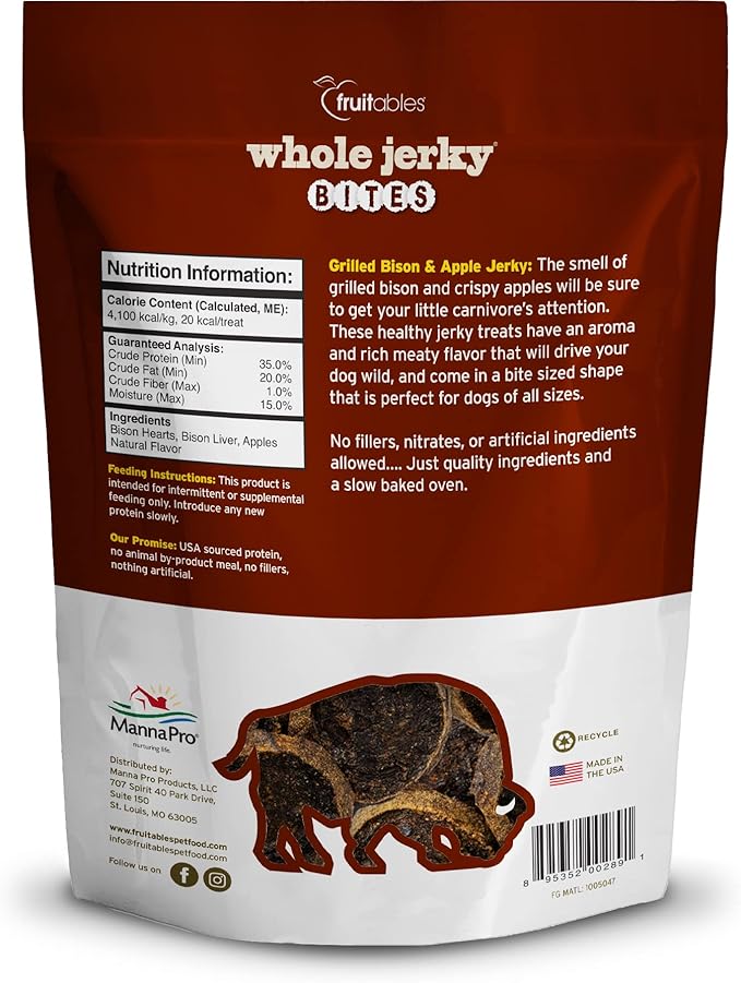 Fruitables Whole Jerky Bites, Grilled Bison & Apple Dog Treats, Healthy Dog Treats, Limited Ingredients, No Corn, Wheat, or Soy, Puppy Essentials, 5oz