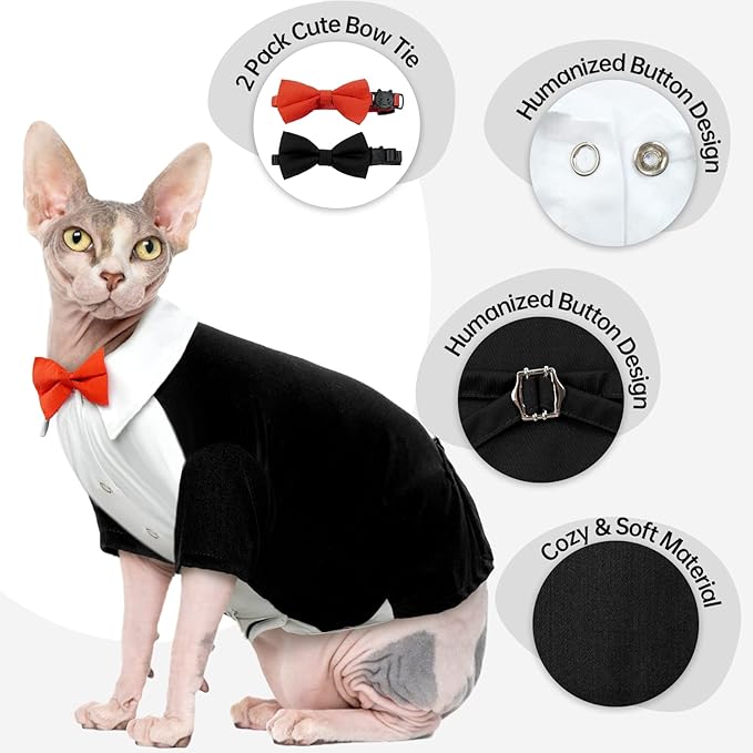 QBLEEV Cat Tuxedo Suit, Sphynx Cat Suit for Cat with Two Bow Tie, Cat Tuxedo Outfit for Birthday Photo Shoot, Formal Onesie Attire Wedding Costumes for Kitten, Male Cat Clothes for Hairless Cats Only