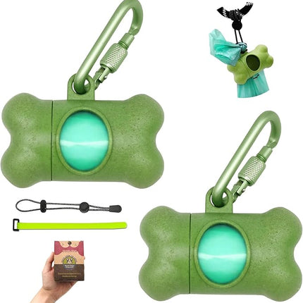Dog Poop Pickup Bags Holder Dispenser with Standard-Sized Leak-Proof Scented Doggy Waste Bags and Carabiner with Safety Lock&Fastener Never Loose on Leash Lead Again (2 Holder 30 Bags, Green)