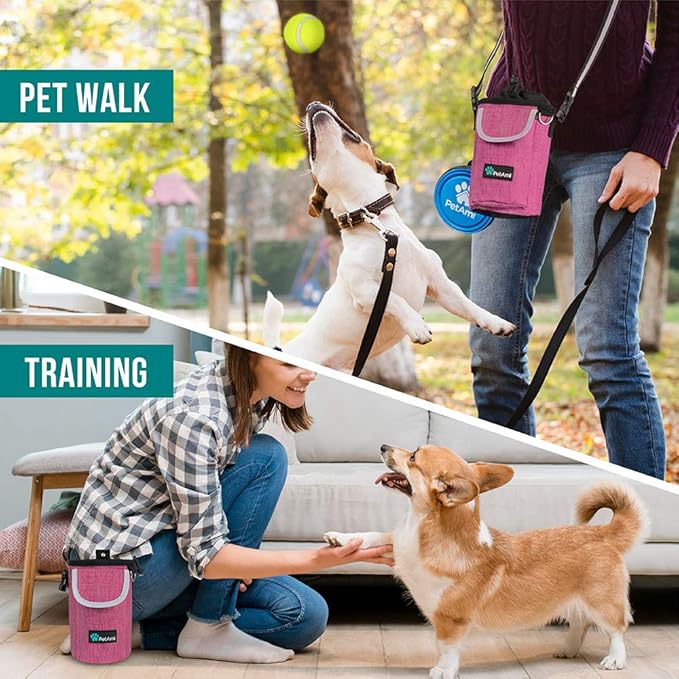 PetAmi Dog Treat Pouch, Large Pet Training Treat Pouch with Pocket, Dog Trainer Essentials Supply Holder with Poop Bag Dispenser, Training Bag for Kibbles Toys, 3 Ways to Wear (Pink)