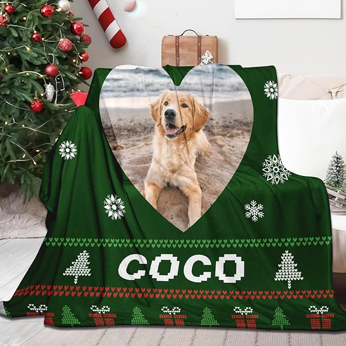 Custom Christmas Dog Blanket Gifts, Personalized Pet Blanket with Name, Customized Throw Blanket with Photo Name, for Pet Lovers, Dog Memorial Gifts for Loss of Cats Dogs