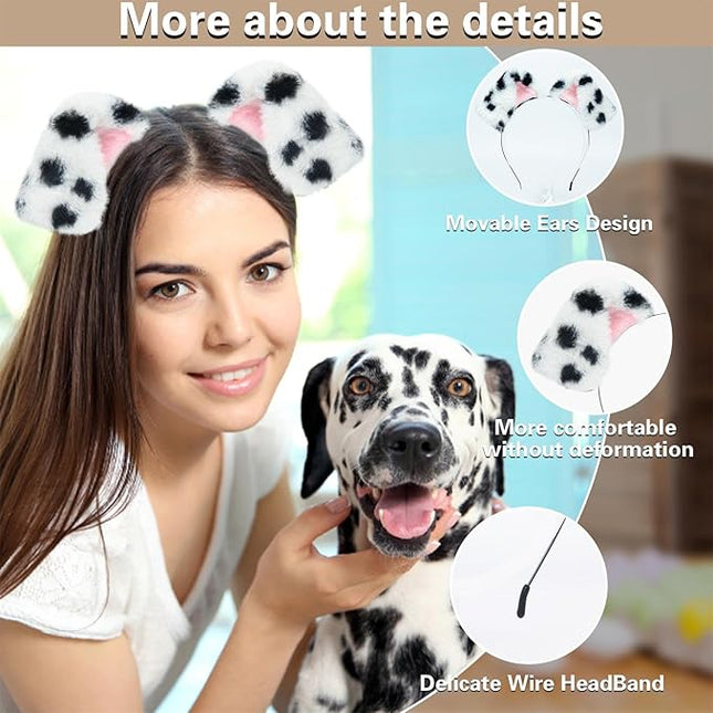 Beviliu 4 Pack Animals Ear Realistic Dalmatian Dog Ears Headband Fluffy Cat Bunny Pig Hairband Halloween Christmas Costume for Washing Makeup Cosplay Party