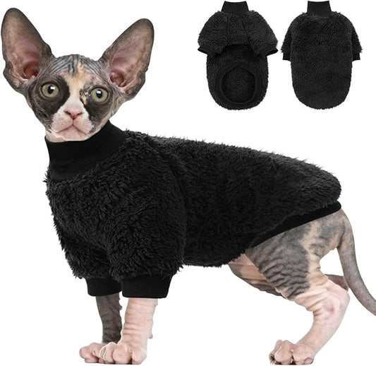 SUNFURA Sphynx Cat Sweater, Hairless Cats Turtleneck Pullover Kitten Sweaters for Cats Only, Warm and Soft Cat Pajamas Shirt with Sleeves Pet Winter Clothes Fleece Jumpsuit for Puppy, Black S