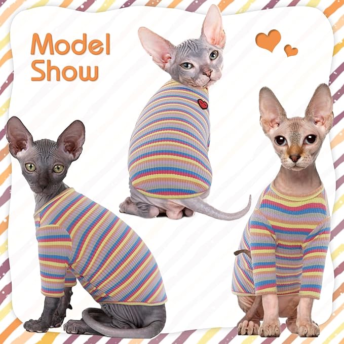 DENTRUN Hairless Cats Shirt Breathable Cat Daily Wear Clothes Stripe Vest Adorable Pajamas Jumpsuit Soft & Skin-Friendly