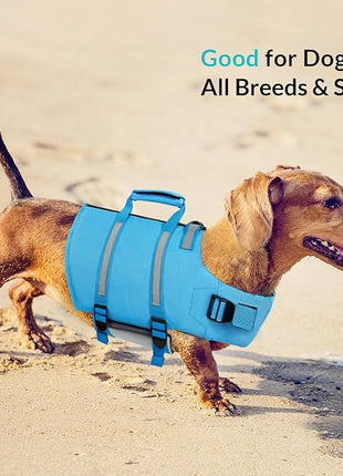 Queenmore XXL Dog Life Jacket - Floating Pet Life Vest, Adjustable Puppy Preserver for Swimming & Boating, Back Zip, Rescue Handle, Hook (Blue)