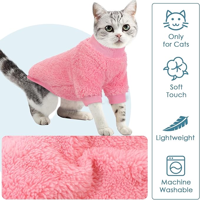 SUNFURA Sphynx Cat Sweater, Hairless Cats Turtleneck Pullover Kitten Sweaters for Cats Only, Warm and Soft Cat Pajamas Shirt with Sleeves Pet Winter Clothes Fleece Jumpsuit for Puppy, Pink M