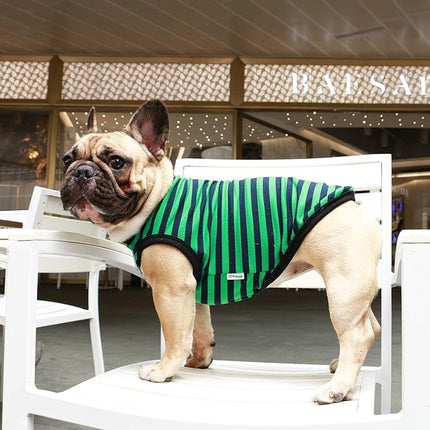 iChoue French Bulldog 100% Breathable Cotton Striped T Shirts Halloween Vest Clothes for Medium Dogs Tank Tops Frenchie Pug English Boston Terrier Pitbull Green Black Stripes - Large Plus
