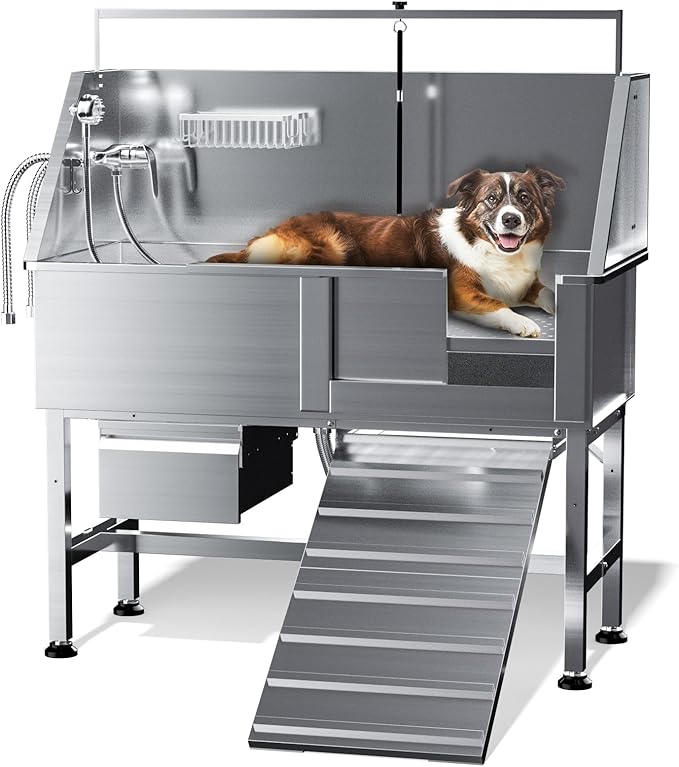 Dog Washing Station,Professional 46" Stainless Steel Dog Bathing Station Height Adjustable Dog Wash Station for Home Dog Grooming Tub Ramp, Drawer, Floor Grate & Fauct (R Ramp)