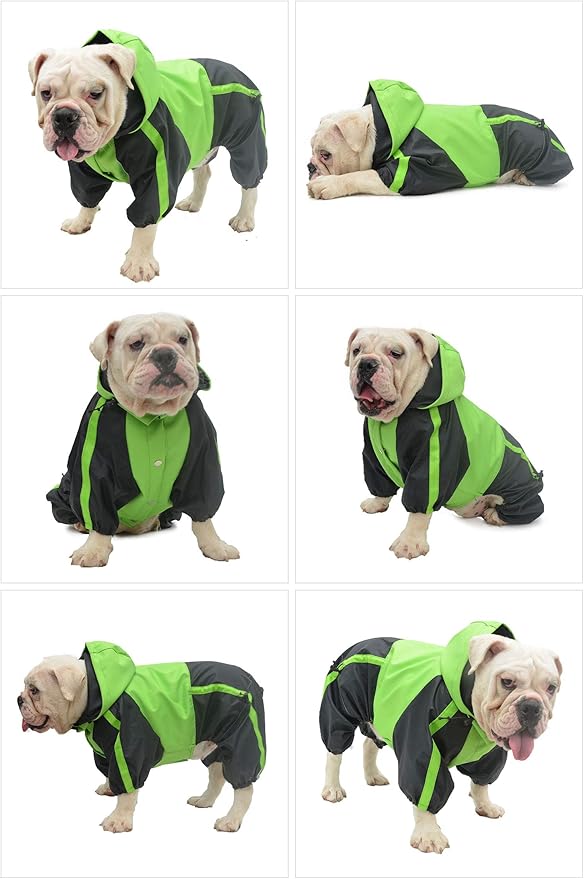 Lovelonglong American Bully Pitbull Dog Hooded Raincoat, Bulldog Rain Jacket Poncho Waterproof Clothes with Hood Breathable 4 Feet Four Legs Rain Coats for Pugs English French Bulldog Green B-L