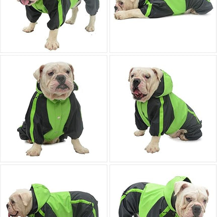 Lovelonglong American Bully Pitbull Dog Hooded Raincoat, Bulldog Rain Jacket Poncho Waterproof Clothes with Hood Breathable 4 Feet Four Legs Rain Coats for Pugs English French Bulldog Green B-XL
